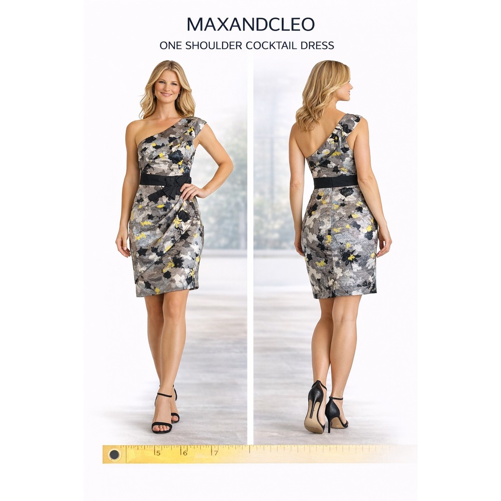 Max and Cleo One Shoulder Cocktail Dress Grey Yellow Sz 6